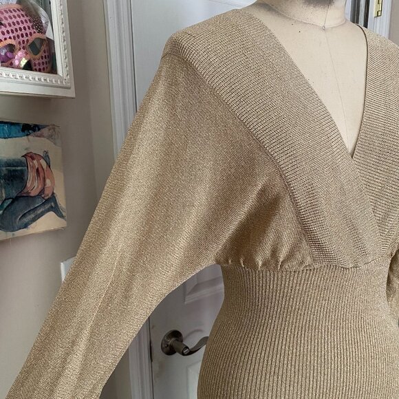 VICTORIA'S SECRET Gold metallic Stretch Knit mock wrap Y2K Dolman Shirt X-SMALL - Picture 2 of 6